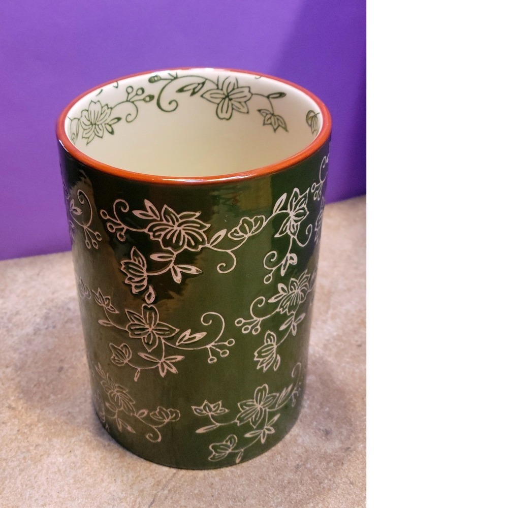 Temp-tations Floral Lace Green Stoneware Utensil Holder Crock 6in PPP-SQ-800065